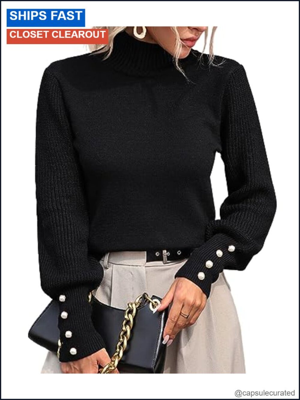 Mock Turtleneck Knitted Pullover Sweater Lantern Sleeve Loose Fit